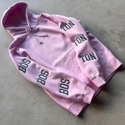 Boston Hoodie embroidered -Pink ( Green / White embroidery thread )