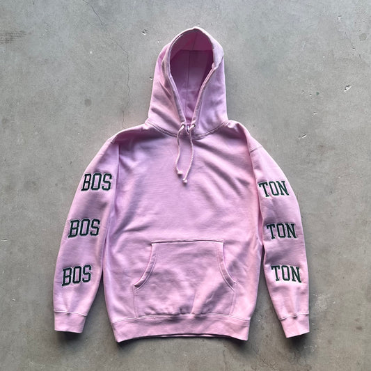 Boston Hoodie embroidered -Pink ( Green / White embroidery thread )