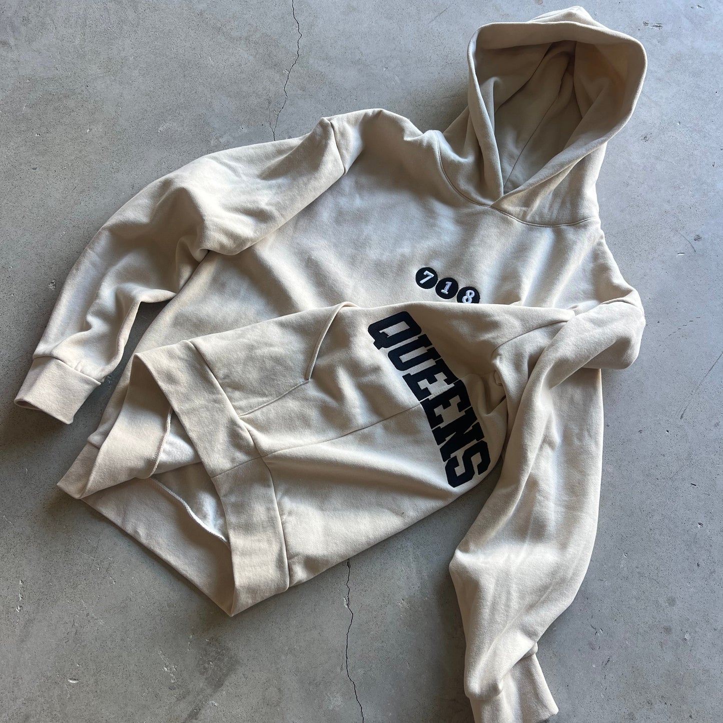 QUEENS NY 718 inspired tan hoodie - Embroidered.