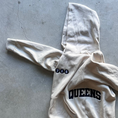 QUEENS NY 718 inspired tan hoodie - Embroidered.