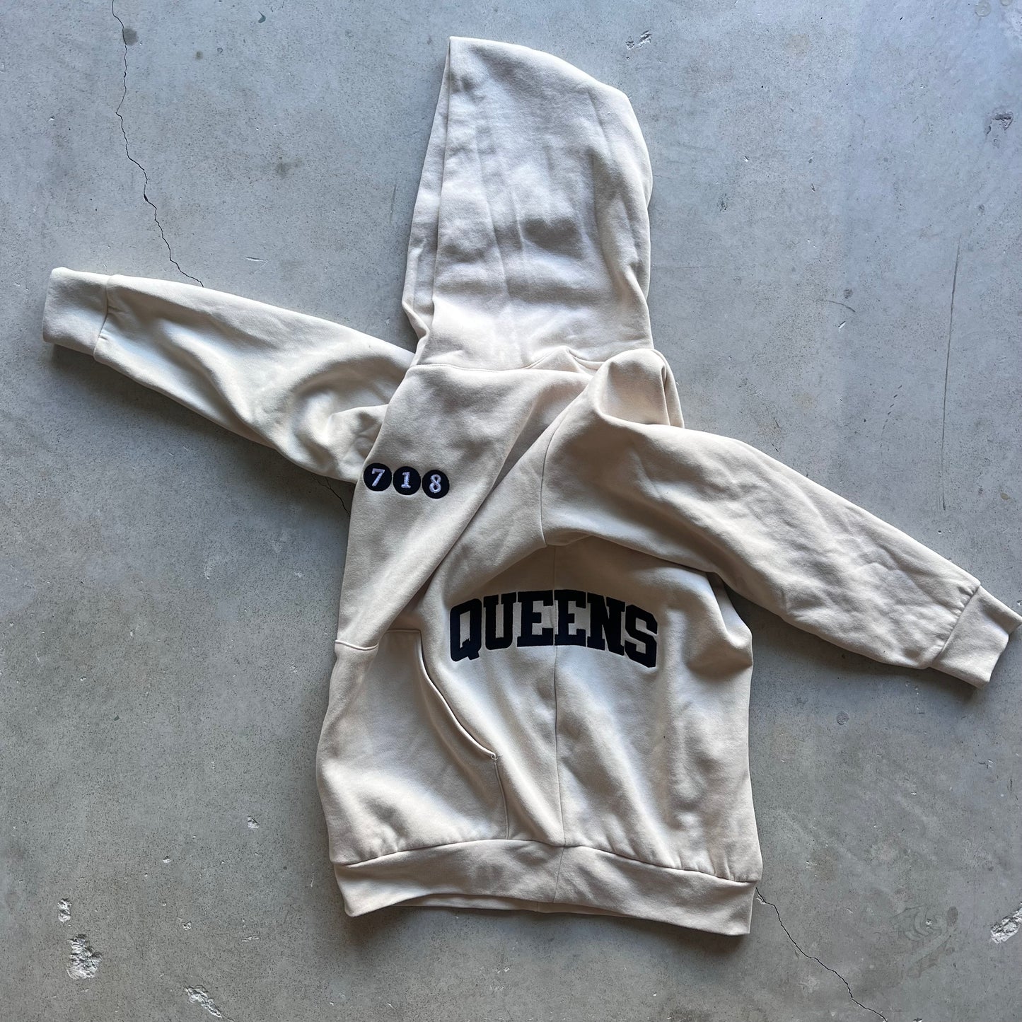 QUEENS NY 718 inspired tan hoodie - Embroidered.