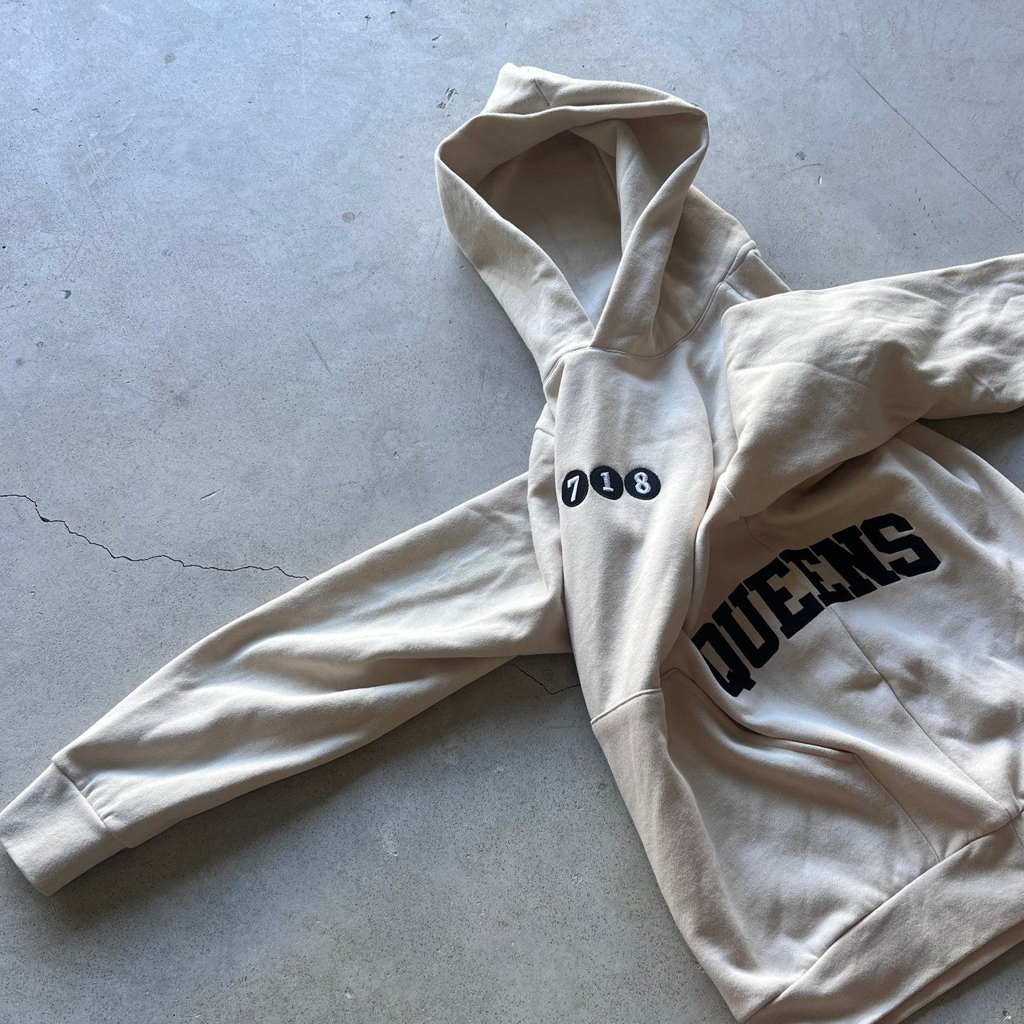 QUEENS NY 718 inspired tan hoodie - Embroidered.