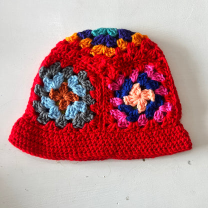 Granny Square Crochet Bucket Hat - Red
